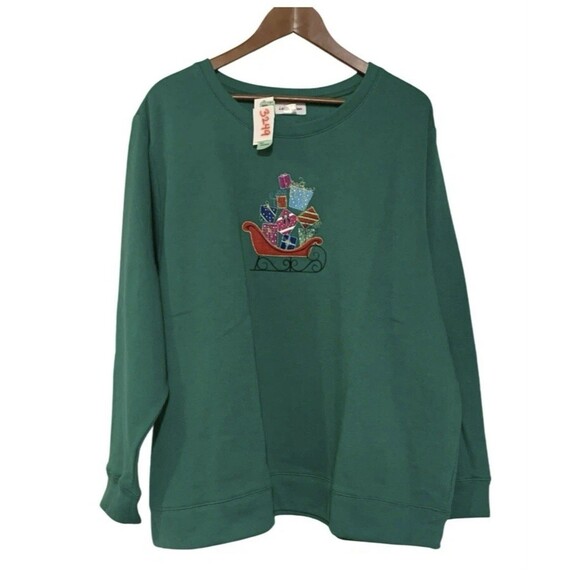 I.b.diffusion Embroidered Sleigh Presents Green Christmas Sweatshirt Size 2X - Picture 1 of 6